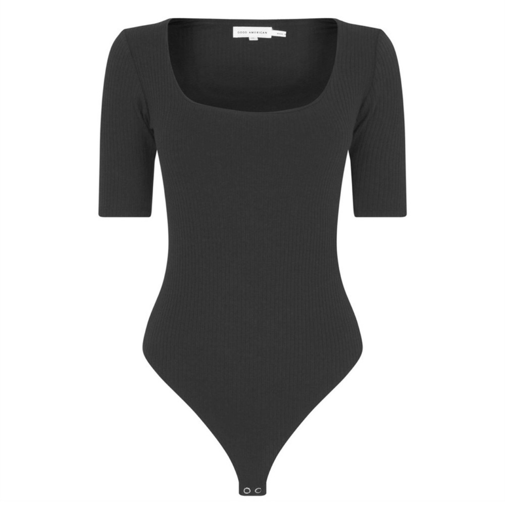 Good American Size XL Easy Ribbed Bodysuit Short Sleeve Black Thong Square Neck